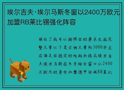 埃尔吉夫·埃尔马斯冬窗以2400万欧元加盟RB莱比锡强化阵容